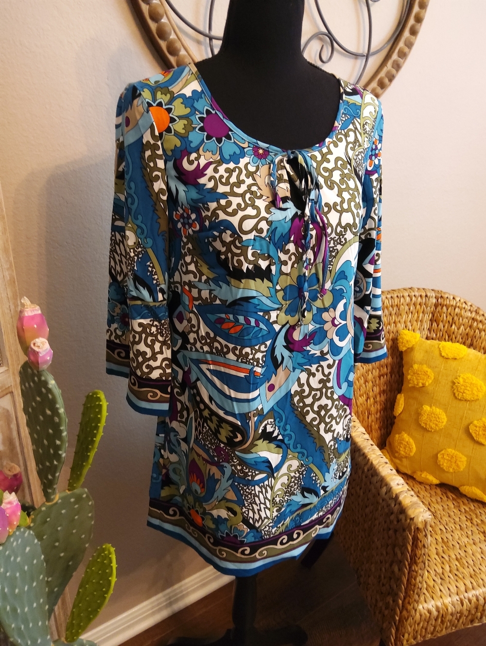Nicole Blue Multi-Print Tie-Neck Tunic - Picture 3 of 9